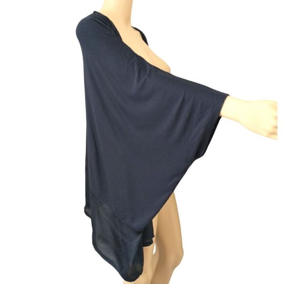 Natori Kimono L Navy Blue Cardigan Dolman Batwing Sleeve Satin Trim Sheer Flowy - Picture 2 of 16